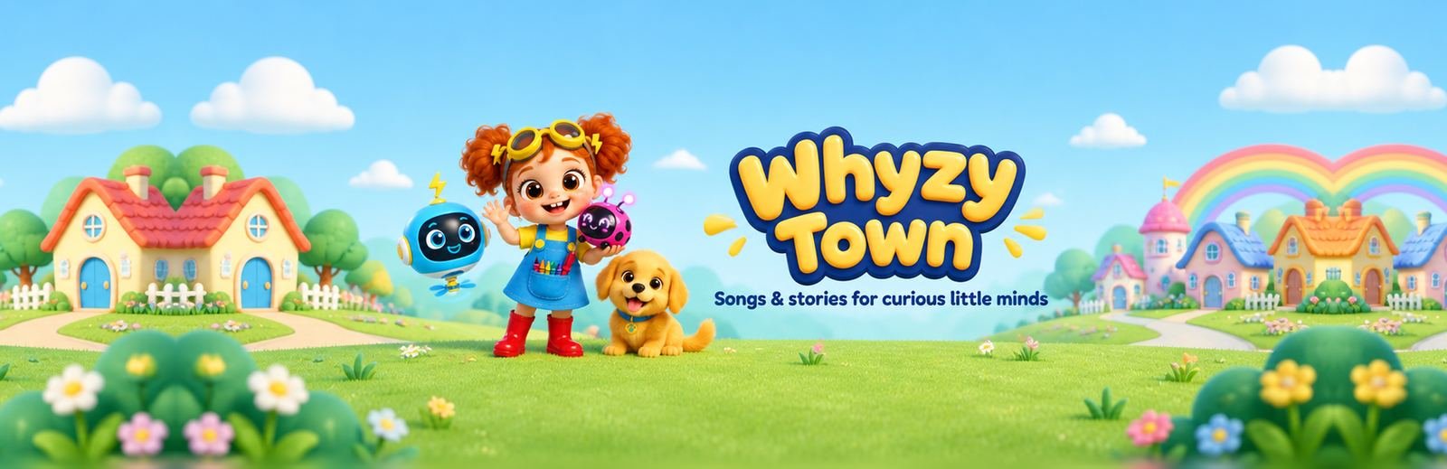 Whyzy Town: Volta in her red gumboots waves hello with Dot the robot ladybug, Wattsy the floating blue robot and Mango the golden puppy. Songs and stories for curious little minds.